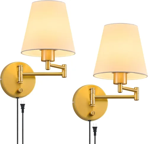 Miniatura 9 de VONLUCE Lámpara de pared con brazo oscilante ajustable moderna de níquel cepillado, iluminación de aplique de pared enchufable para mesita de noche