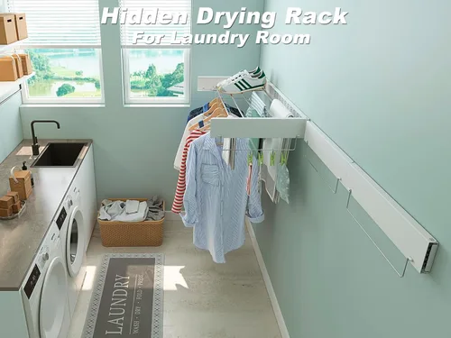 Miniatura 4 de Estante de secado de ropa oculto montado en la pared, organizador de lavandería extraíble con 5 varillas de acero inoxidable, plegable y plegable A
