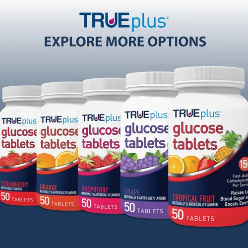 Miniatura 6 de TRUEplus® Tabletas de glucosa, sabor surtido (uva, frambuesa, naranja), botella de 50 unidades (1)