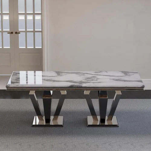 Miniatura 3 de ACEDÉCOR Juego de mesa de comedor para 4, mesa de comedor rectangular de 78 pulgadas con parte superior texturizada gris y base geométrica plateada