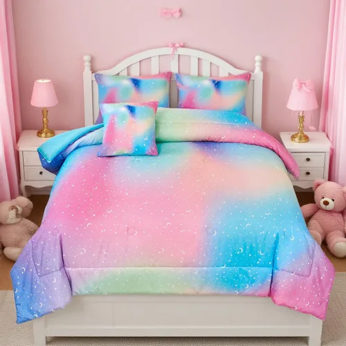 Miniatura 11 de URBONUR Juego de 6 piezas de edredón con brillo degradado para niñas, tamaño completo, ropa de cama de galaxia azul para niños, juego de edredón