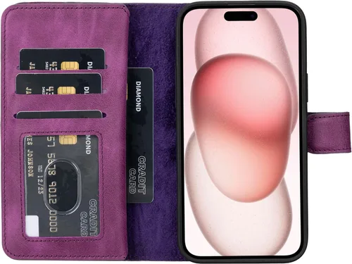 Miniatura 48 de HARDISTON Funda de piel auténtica de alta calidad hecha a mano para iPhone 11 Pro de 5.8 pulgadas, tarjeteros de doble folio, funda magnética Negro