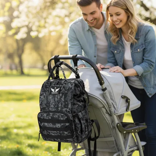 Miniatura 8 de Mochila para pañales con puerto de carga USB, correas para cochecito y bolsillo aislado, mochila militar del ejército de viaje para papá/mamá negro