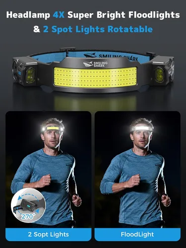 Miniatura 2 de Smiling Shark Linterna frontal TS-4, foco doble con luz de inundación 4X y linterna de cabeza LED estroboscópica recargable 2400mAh de larga