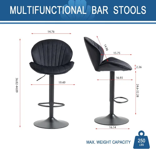 Miniatura 2 de Juego de 2 taburetes de bar, taburetes de bar ajustables con respaldo y reposapiés, taburetes de bar ajustables de terciopelo de diseño moderno
