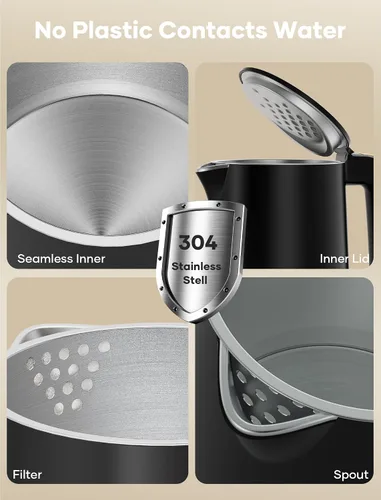 Miniatura 6 de Hervidor eléctrico pequeño, caldera de agua y calentador de 0.8 L, olla de té caliente de 1000 W, acero inoxidable de doble pared al tacto frío
