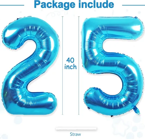 Miniatura 3 de Globos gigantes de papel aluminio azul del número 25 de 40 pulgadas, globos gigantes de helio del número 25 o 52 para decoraciones de cumpleaños