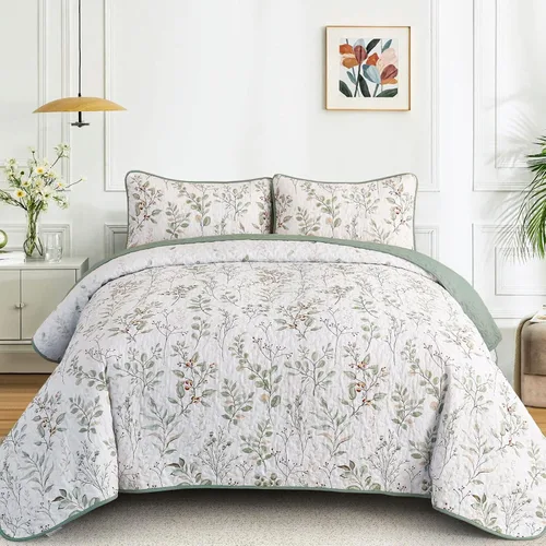 Miniatura 20 de Anibedding Juego de edredón azul tamaño King, 3 piezas reversible, elegante patrón de hojas botánicas azules, colcha de microfibra suave para toda