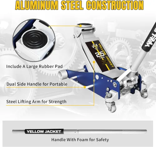 Miniatura 2 de YELLOW JACKET Gato hidráulico de perfil bajo de 2.5 toneladas de aluminio y acero para autos de carreras con bomba de elevación rápida doble, Azul