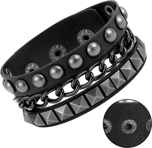 Miniatura 3 de Grevosea Pulsera de remache, pulsera punk de cuero con colgante de corazón multicapa, brazalete negro ajustable con remaches para deportes de roca