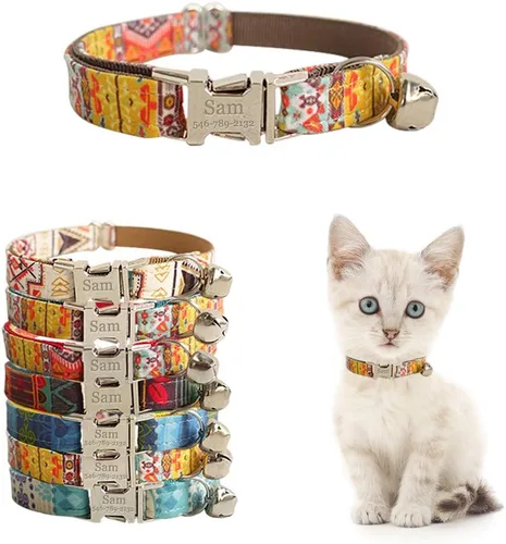 Miniatura 9 de Collar de gato personalizado con placa de nombre, collares ajustables de nailon resistente para identificación de gato con campana, personaliza