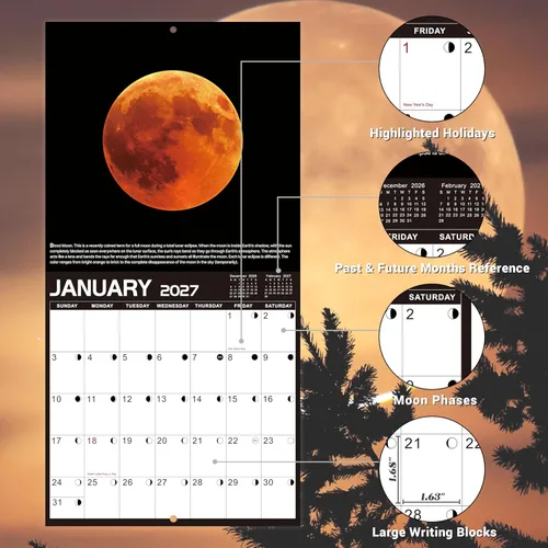 Miniatura 2 de Calendario de pared 2026, enero 2026 - diciembre 2026, 12 x 24 pulgadas (abierto), calendario 2026 con fases lunares, agujeros para colgar, bloques