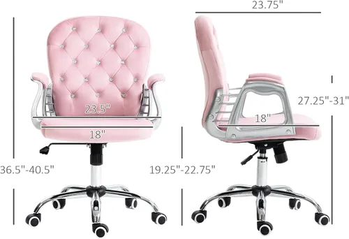 Miniatura 3 de Vinsetto Silla de oficina en casa de terciopelo, silla de escritorio con botones copetudos con reposabrazos acolchados, altura ajustable y ruedas