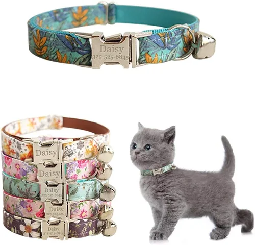 Miniatura 16 de Collar de gato personalizado con placa de nombre, collares ajustables de nailon resistente para identificación de gato con campana, personaliza