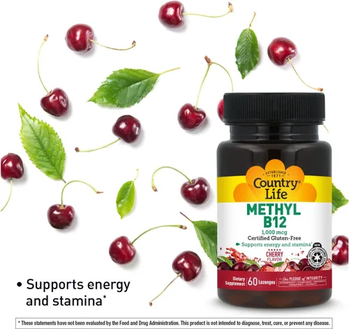 Miniatura 4 de Country Life Metil B12, soporta energía y resistencia, 1000 mcg, 60 pastillas, certificado sin gluten, certificado vegano