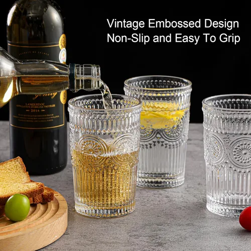 Miniatura 6 de ZMOWIPDL Juego de 6 vasos de vidrio vintage para beber, vasos de agua de vidrio con textura transparente con diseño de flores, vasos de agua a rayas