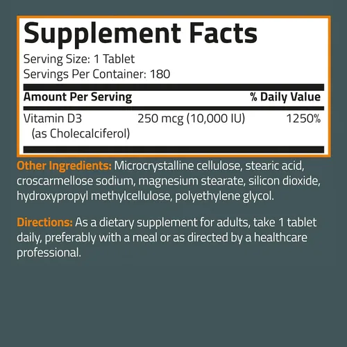 Miniatura 8 de Bronson Vitamina D3 10,000 UI (250 MCG) para función muscular saludable y apoyo inmunológico, sin OGM, 180 tabletas