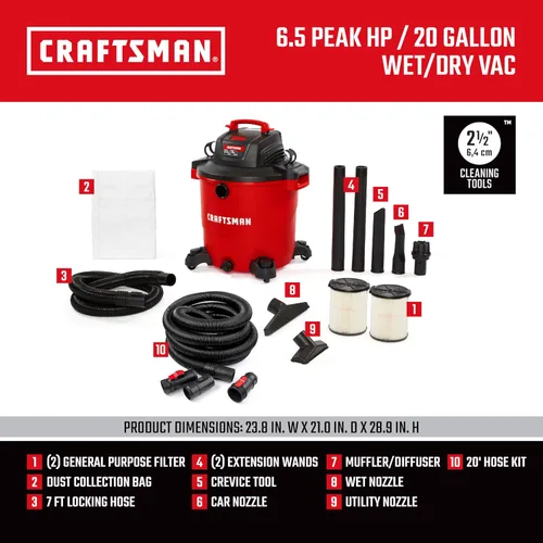 Miniatura 3 de CRAFTSMAN CMXEVBE17596 - Aspiradora húmeda y seca de 20 galones y 6.5 caballos de fuerza, con 2 filtros, bolsa para polvo, manguera de 20 pies