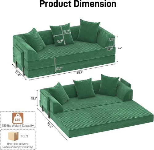 Miniatura 2 de XVD Sofá cama sin hueso de 79 pulgadas, futón convertible con almohadas y bolsillo de almacenamiento, sofá comprimido extraíble para sala de estar
