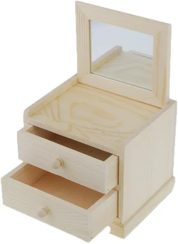 Miniatura 7 de dovewill Natural Unfinished Caja de joyas de madera pequeños 2cajones Pecho Caso vidrio Espejo