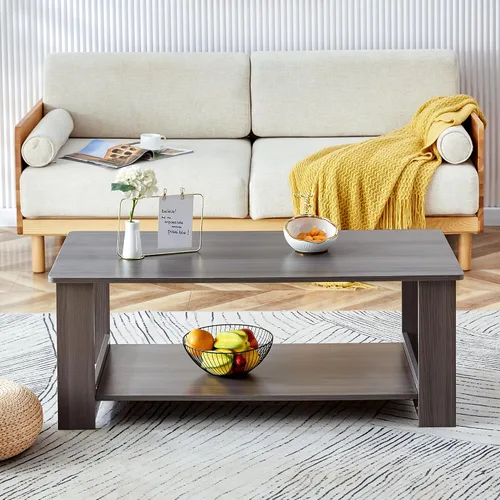 Miniatura 13 de Mesas de centro modernas de 2 niveles rectangulares de madera con amplio almacenamiento, perfectas para sala de estar, decoración de sala