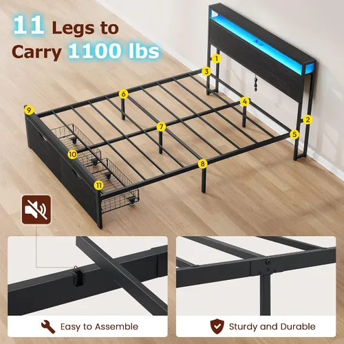 Miniatura 8 de FAVOOSTY Base de cama de tamaño matrimonial con cabecera de 2 niveles, plataforma de metal con 2 cajones de almacenamiento, luces LED y estación