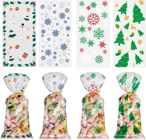 Ai-Fun Paquete de 100 bolsas de celofán de plástico para dulces, paquete de regalo, bolsa de regalo con lazos giratorios para Halloween, Navidad,