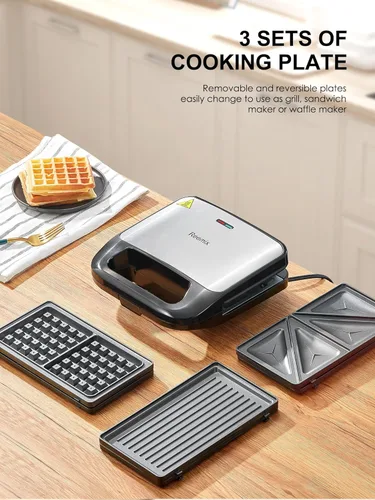 Miniatura 2 de Reemix Máquina 3 en 1 para Waffles, Parrilla y Sándwiches, Prensa Panini y Plancha para Waffles con Placas Antiadherentes Removibles, Perfecta