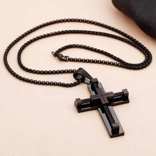 Miniatura 5 de YL Collar de cruz para hombre de acero inoxidable 316L con colgante grande de Jesucristo, color blancodoradonegro, cadena Rolo para 20, 22, 24, 26