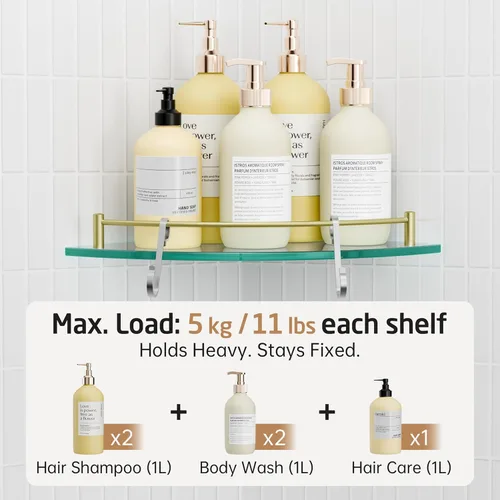 Miniatura 3 de KES Estante para esquina de vidrio para baño con barandilla de vidrio templado y soporte de pared flotante SUS 304 de acero inoxidable en oro Oro