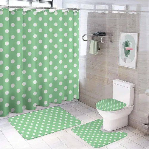 Miniatura 65 de Juego de 3 alfombras de baño con diseño de lunares, color azul aguamarina, antideslizante, con contorno en forma de U y tapa de inodoro