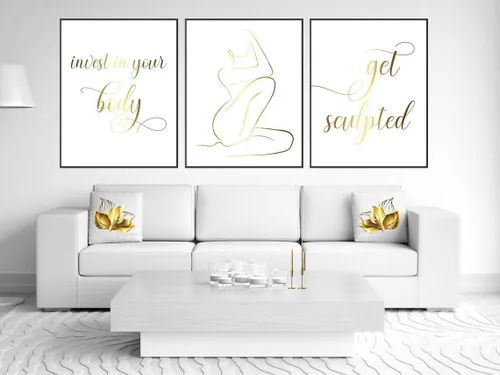 NATVVA 3 piezas de impresiones artísticas de pared con texto en inglés "Invest In Your Body Get Sculpted", pósteres dorados para esculpir el cuerpo,