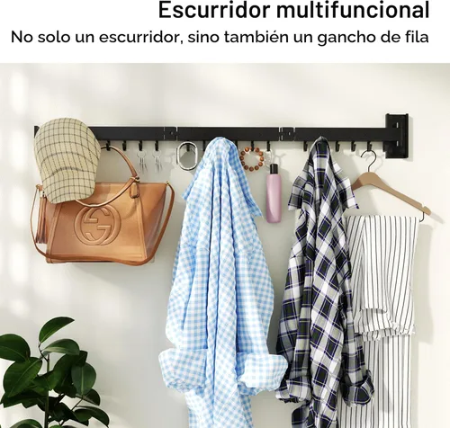 Miniatura 6 de HEILAIYI Estante de Secado de Ropa para Lavandería, Perchero de Ropa Montado en la Pared, Plegable, Retráctil, Plegable (Con Ganchos en Forma de J)