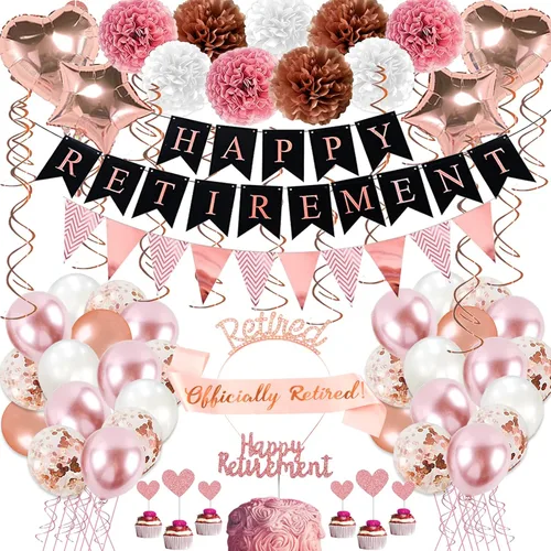 Decoraciones de Fiesta de Jubilación Oro Rosa, 63 Piezas Decoraciones de Fiesta de Jubilación para Mujeres Pancarta de Feliz Jubilación Remolinos