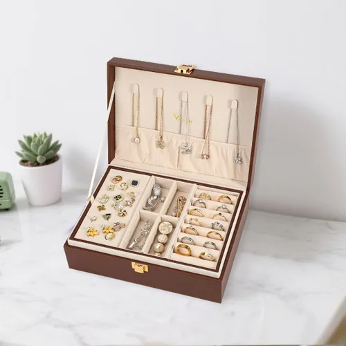 Miniatura 4 de Voova Joyero organizador para mujeres y niñas, 2 capas grandes para hombres, estuche de almacenamiento de joyas de piel sintética con bandeja
