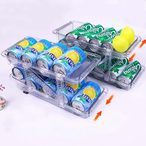 Paquete de 2 dispensadores de latas de soda para refrigerador, organizador de latas de soda de ancho ajustable, organizador apilable de bebidas para