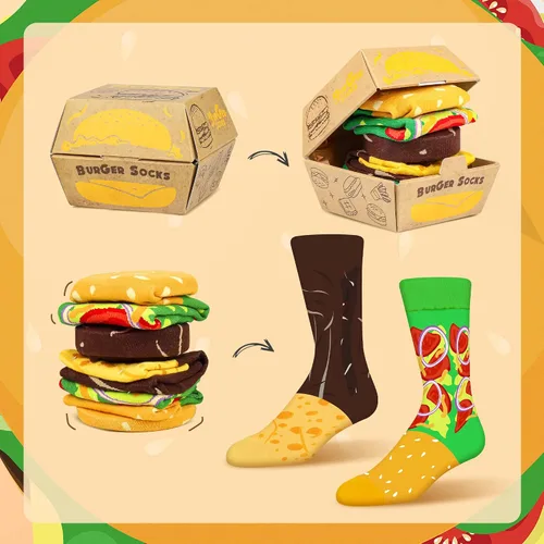 Miniatura 2 de AGRIMONY Divertidos calcetines con diseño de hamburguesa y hotdog con tacos y palomitas de maíz, calcetines de comida novedosos para cumpleaños