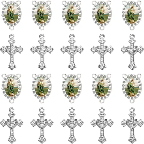 Miniatura 15 de Juego de 20 piezas de conectores de medalla de santos católicos con diamantes de imitación y dijes de cruz de cristal para suministros religiosos
