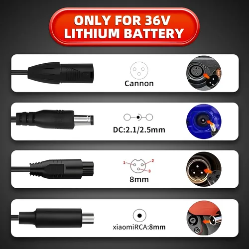Miniatura 6 de Cargador de scooter eléctrico de repuesto de 42 V 2 A con certificación UL para cargador Hoverboard de 36 V con 5 enchufes, compatible con adaptador