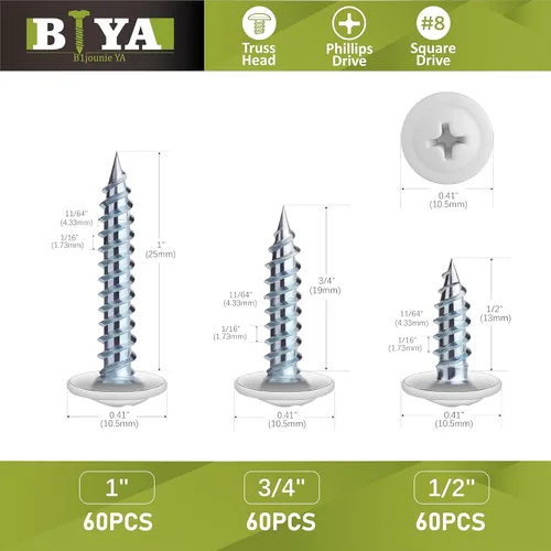 Miniatura 5 de Tornillos de Cabeza Blanca, 180 piezas Tornillos de Cabeza de Brida Autorroscantes Rápidos #8 Rosca Blanco Pan para Gabinete, Trabajo de Madera