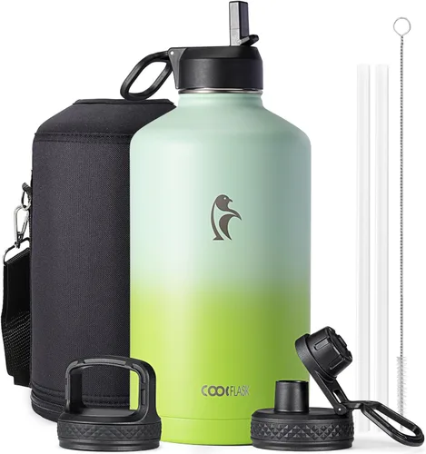 Miniatura 119 de Coolflask Botella de agua de 20 onzas aislada con pajilla, 3 tapas de metal de acero inoxidable, botella de agua de boca ancha para deportes u