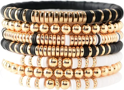 Miniatura 8 de Pulseras de cuentas de arcilla estilo heishi surfista para mujer con discos de vinilo y dije de mal de ojo apilables pulseras elásticas de amistad