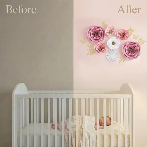 Miniatura 6 de Grandes decoraciones de flores de papel para pared, decoración de pared de flores artificiales 3D con pegatina de mariposa dorada para habitación
