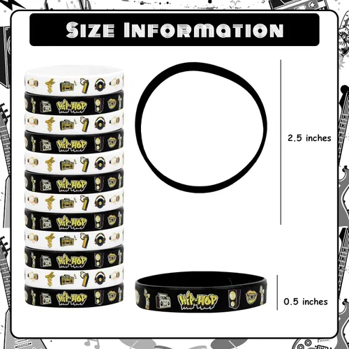 Miniatura 4 de Serencatcher 24 pulseras de silicona de hip hop, notorias pulseras de recuerdo de fiesta, color negro y dorado para los años 80, 90, hip hop, rock