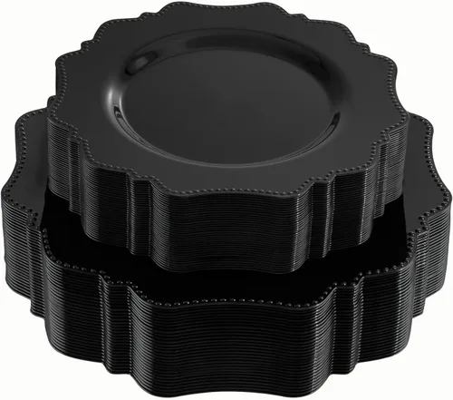 COLOSUS Juego de 60 platos de plástico negro, platos desechables negros resistentes para fiestas, incluye 30 platos llanos de 10.5 pulgadas y 30