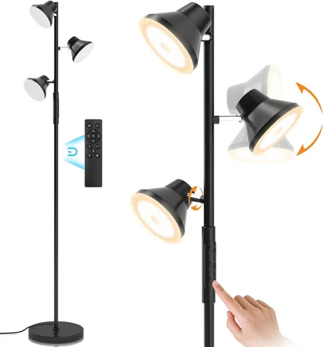 SIBRILLE Lámpara de pie LED, lámpara de pie moderna de 36 W con control remoto y táctil, 4 temperaturas de color, lámpara de pie con 3 luces Negro