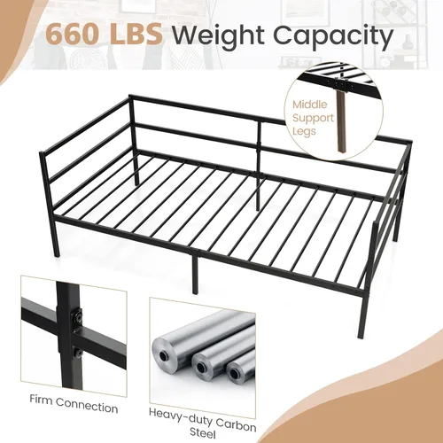 Miniatura 4 de Giantex Marco de cama de metal tamaño individual, cama de día con soporte de listones de metal y barandillas de 3 lados, sofá cama 2 en 1 que ahorra