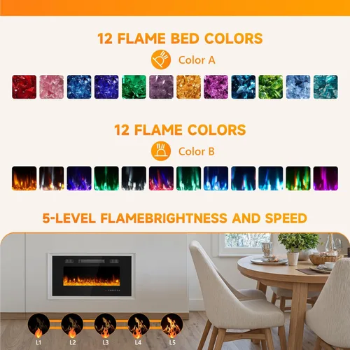 Miniatura 9 de Chimenea eléctrica de 36 pulgadas, chimenea eléctrica montada en la pared con control remoto y temporizador, chimeneas calefactoras de bajo ruido