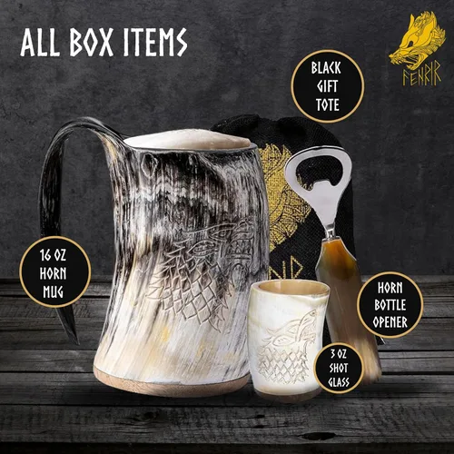 Miniatura 2 de FENRIR Juego de tazas de cuerno vikingo de 16 onzas – Regalos para hombres, papá, esposo – Regalo único vikingo – Taza de cuerno de buey real hecha