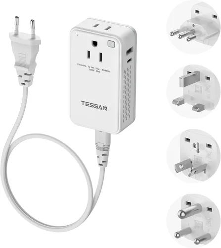 TESSAN - Convertidor de voltaje compacto de 220 V a 110 V de EE. UU. a Europa, adaptador de viaje universal con 2 salidas de CA y 2 USB (1 USB-C),